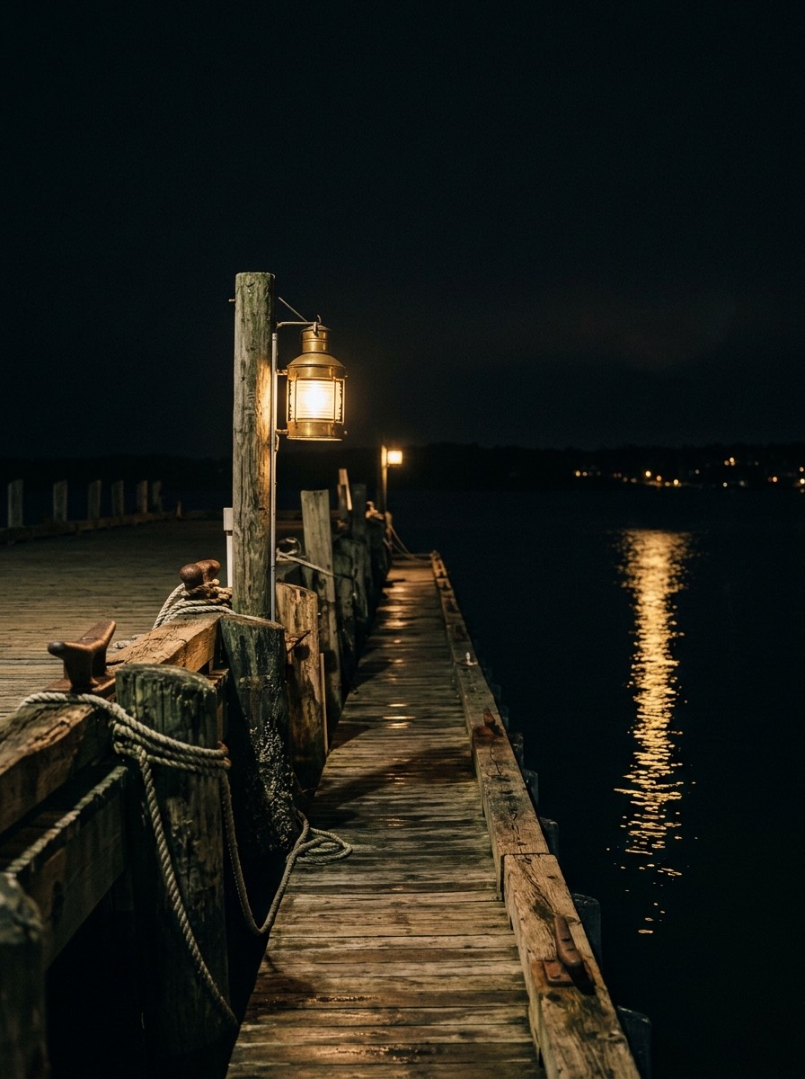 Lantern light on a wooden wharf