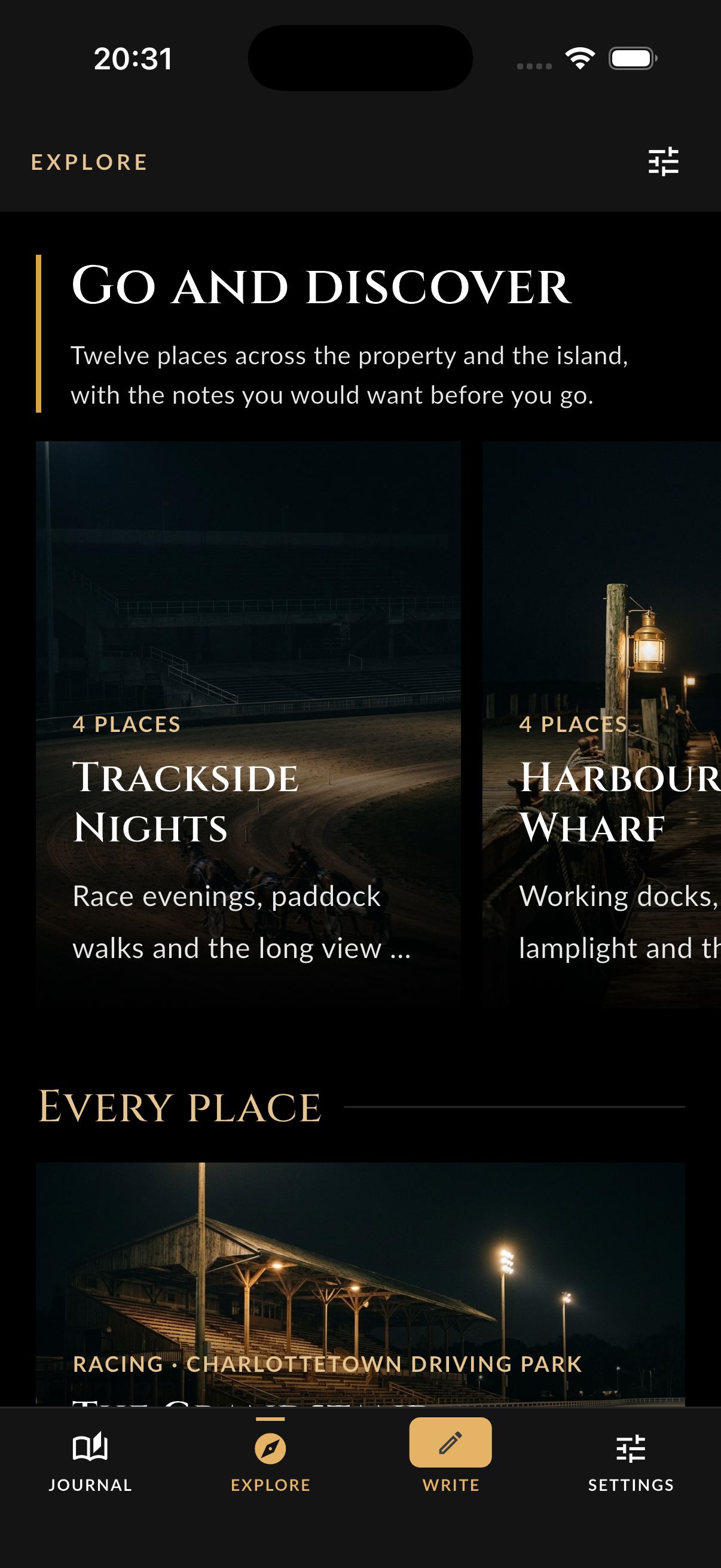 Explore screen with Trackside Nights and Harbour collections