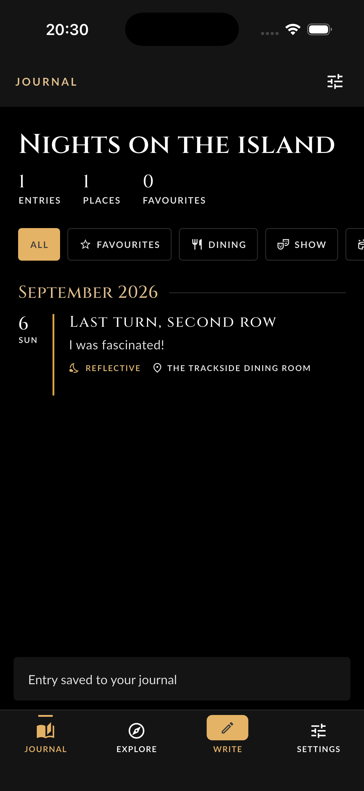 Journal timeline with a gold spine and monthly grouping