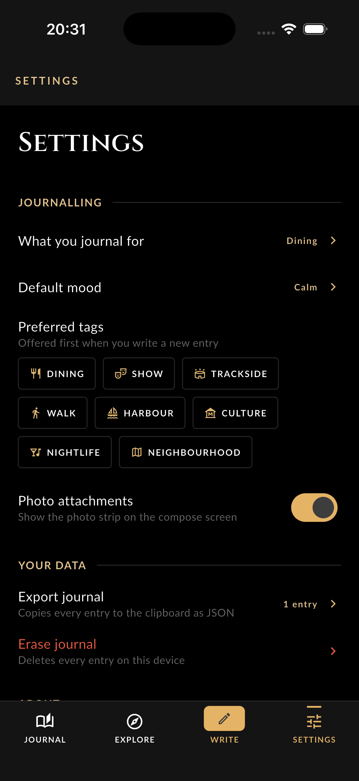 Settings for journal focus, mood, tags, and data