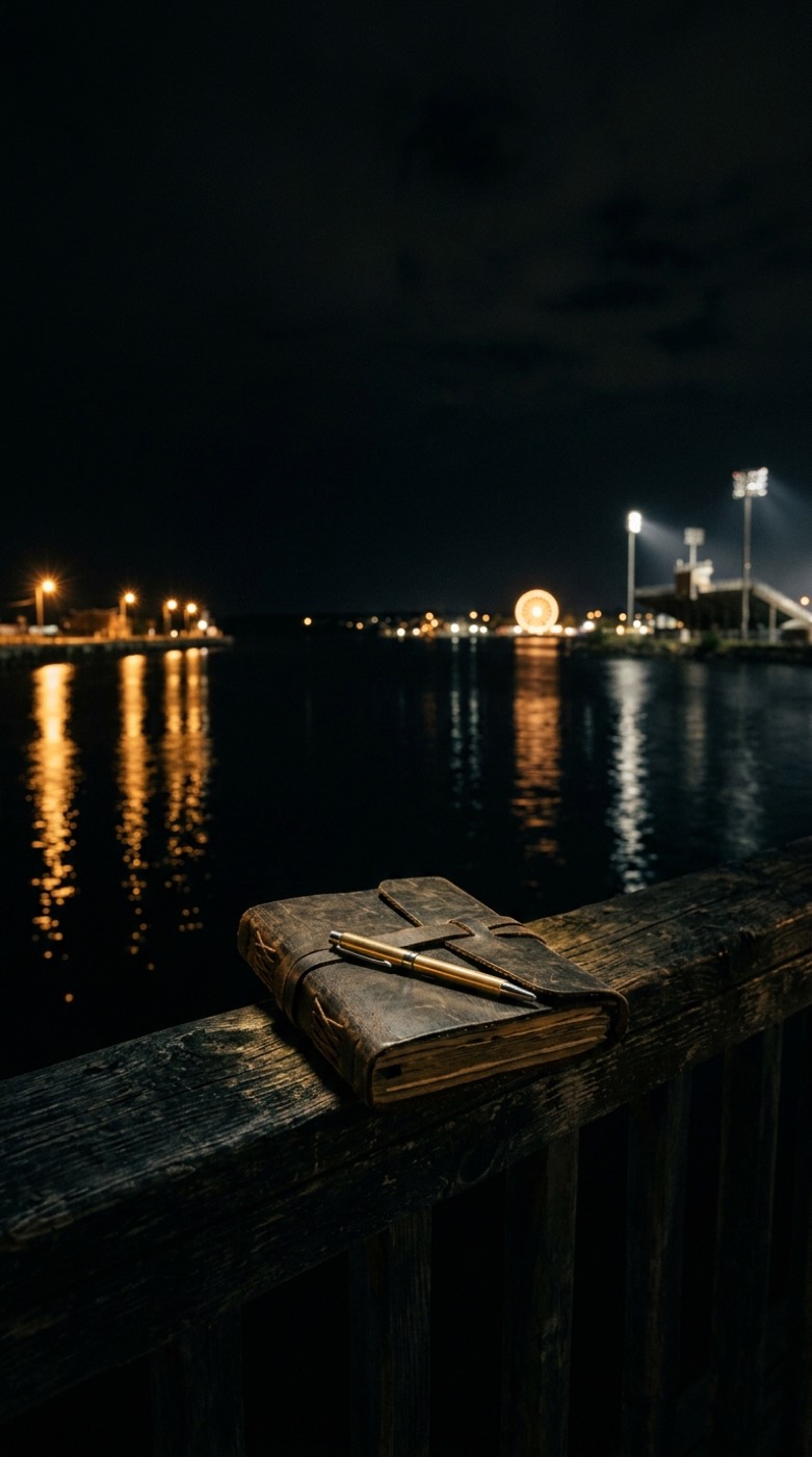 A leather journal on a night harbour rail
